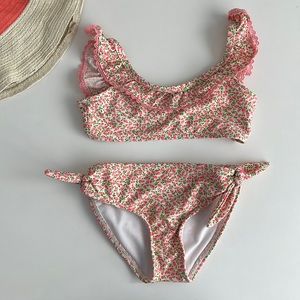 Copper Key Bikini - Pink Floral Two-Piece Swimsuit Ruffle Tie Strap - Girls 4